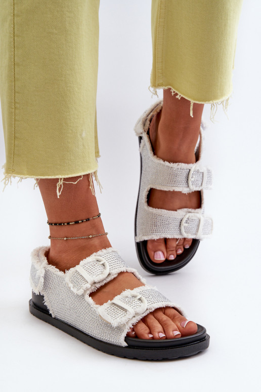 Women's White Embellished Denim Sandals Irmale