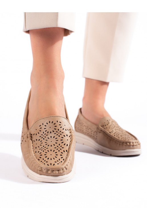 with elements of openwork Women's moccasins dark beige