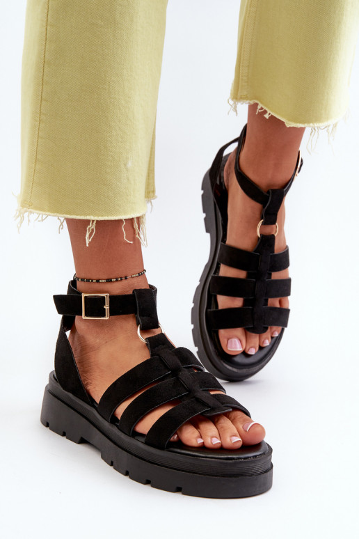Women's Black Gladiator Sandals Made of Faux Suede Dorameia