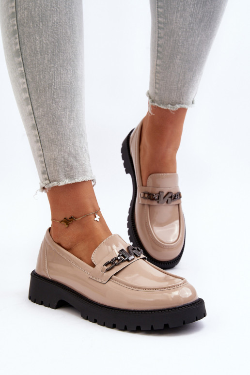 Women's Patent Leather Loafers with Flat Heel Beige Ezoma Women's Patent Leather Loafers with Flat Heel Beige Ezoma