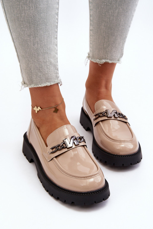 Women's Patent Leather Loafers with Flat Heel Beige Ezoma Women's Patent Leather Loafers with Flat Heel Beige Ezoma