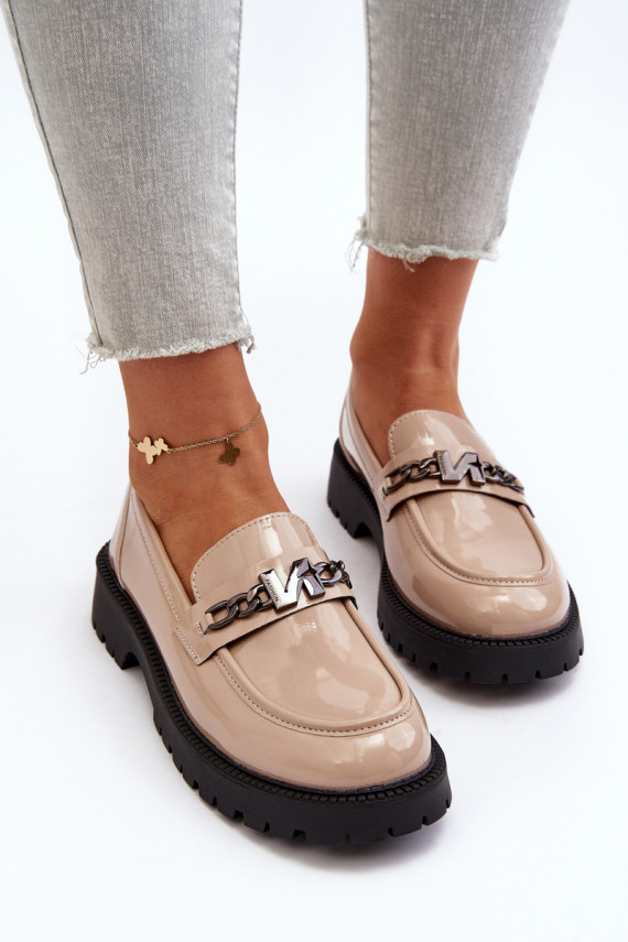 Women's Patent Leather Loafers with Flat Heel Beige Ezoma