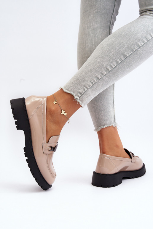 Women's Patent Leather Loafers with Flat Heel Beige Ezoma Women's Patent Leather Loafers with Flat Heel Beige Ezoma