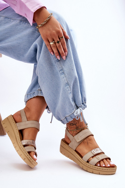 Women's Leather Sandals With Velcro Beige Fresh Look Women's Leather Sandals With Velcro Beige Fresh Look