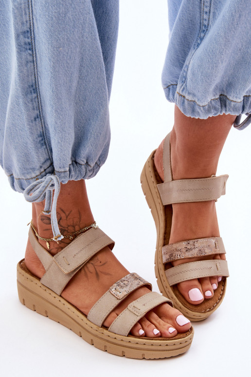 Women's Leather Sandals With Velcro Beige Fresh Look Women's Leather Sandals With Velcro Beige Fresh Look