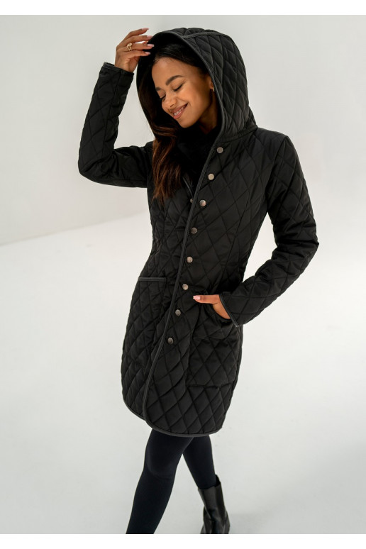 Black snap buttoned tight fit midi coat