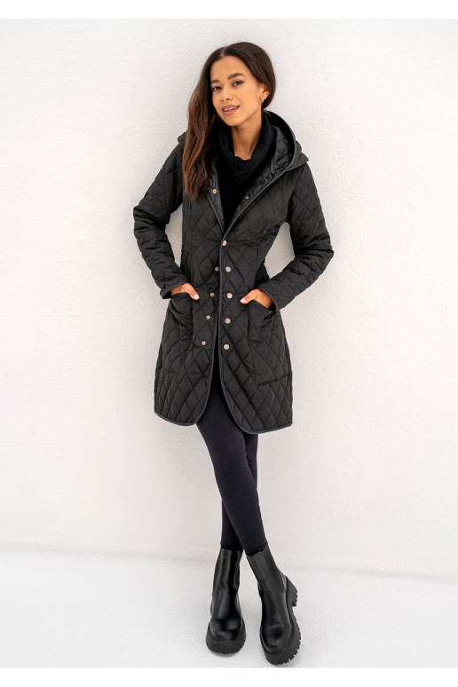 Black snap buttoned tight fit midi coat