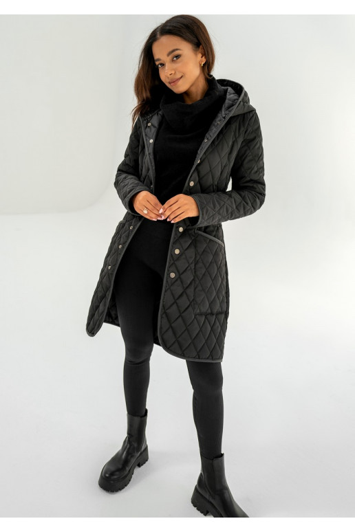 Black snap buttoned tight fit midi coat