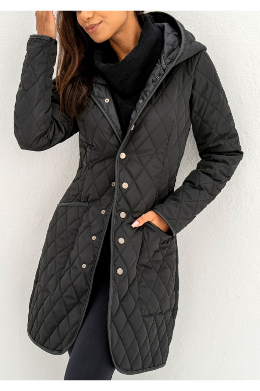 Black snap buttoned tight fit midi coat