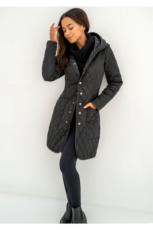 Black snap buttoned tight fit midi coat