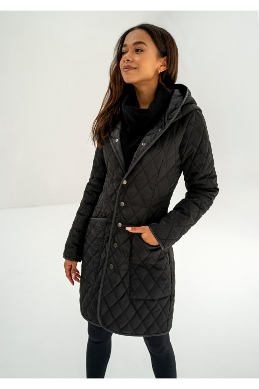 Black snap buttoned tight fit midi coat