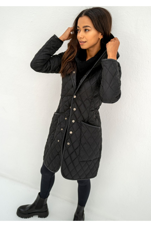 Black snap buttoned tight fit midi coat