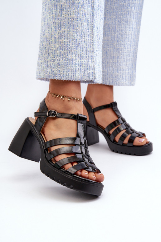 Black Patent Leather Women's Sandals with Heel Aninifer