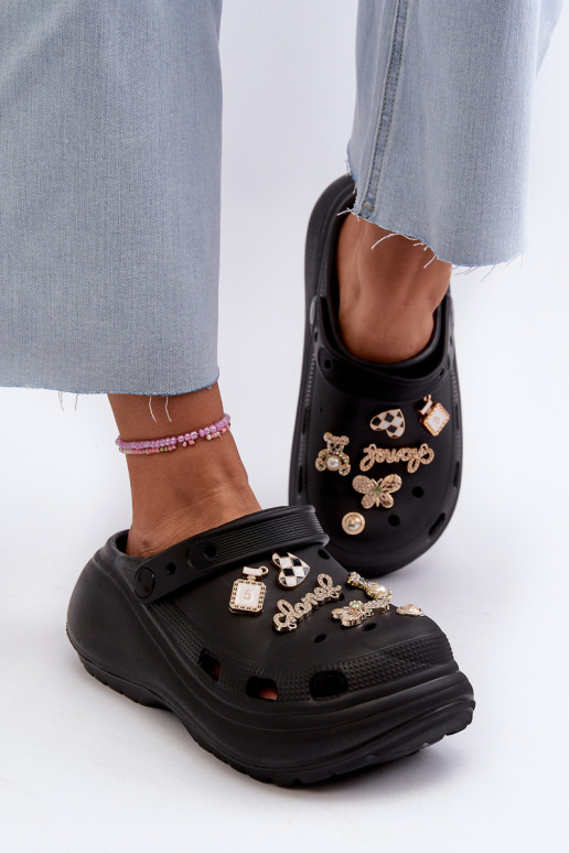 Women's Lightweight Foam Slides with Thick Sole and Charms Black Effiora