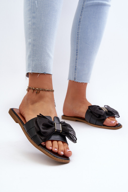 Flat Women's Black Slide Sandals with Bow Balinda