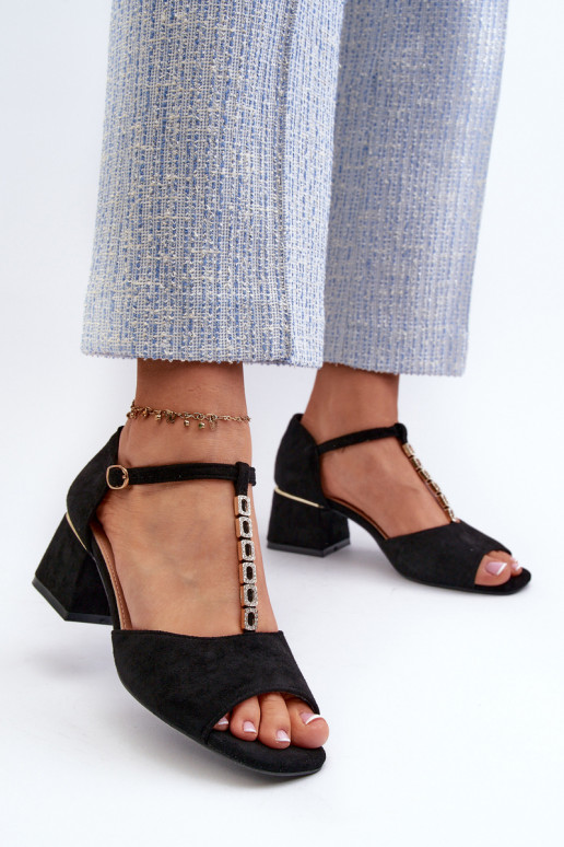 Women's sandals with block heel and decorative strap eco suede black Obivena