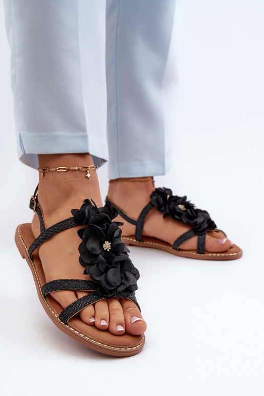 Women's Flat Sandals Adorned with Black Flowers Abidina