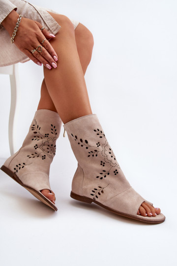 Zazoo 3437 Women's Suede Sandals With Zipper Beige 2