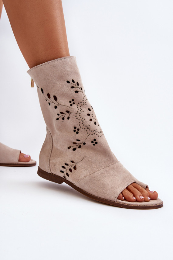 Zazoo 3437 Women's Suede Sandals With Zipper Beige