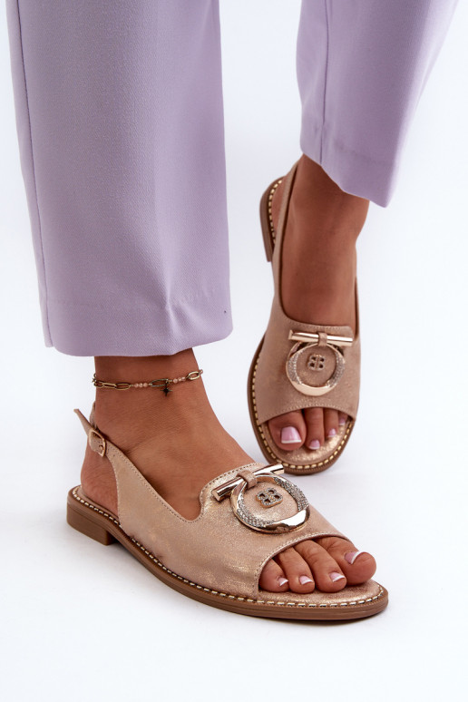 Elegant Women's Sandals with Gold Decoration on Flat Heel Pink Gold S.Barski KV27-053