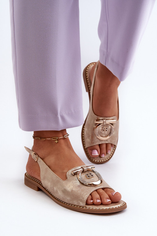 Elegant Women's Sandals with Gold Embellishment on Flat Heel Gold S.Barski KV27-053