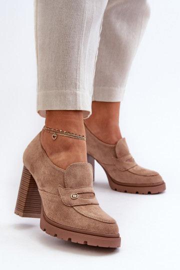 Women's Court Shoes with Block Heel Eco Suede Beige Larmaves 2