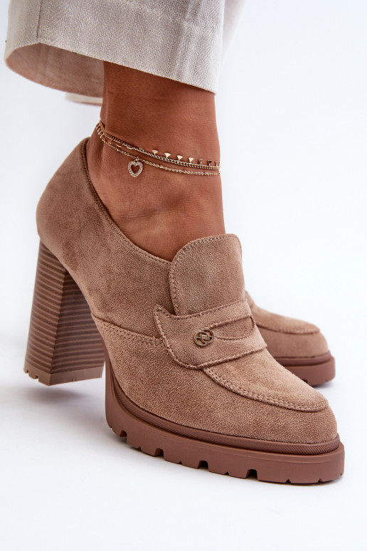 Women's Court Shoes with Block Heel Eco Suede Beige Larmaves Women's Court Shoes with Block Heel Eco Suede Beige Larmaves