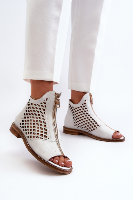 White Leather Laced Sandals with Zip Zazoo 977/L