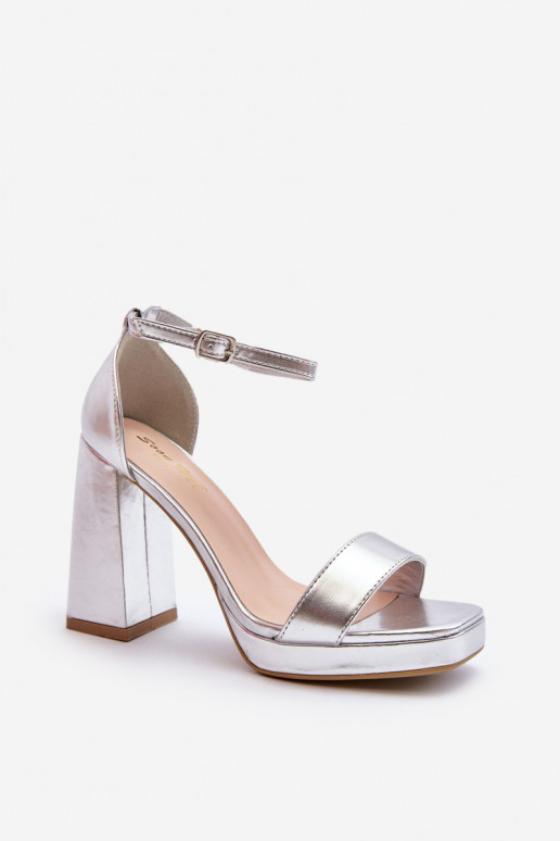 Fashionable Suede Sandals with Square Heel Silver Merila Fashionable Suede Sandals with Square Heel Silver Merila