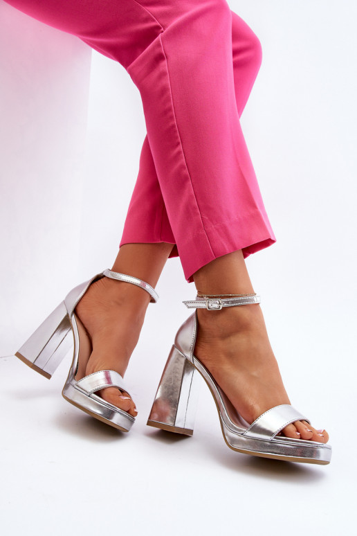 Fashionable Suede Sandals with Square Heel Silver Merila Fashionable Suede Sandals with Square Heel Silver Merila