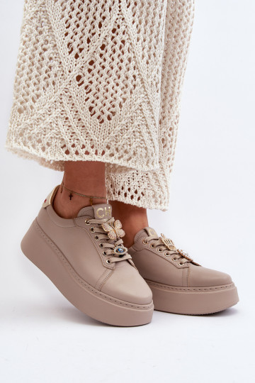 Women's Leather Sneakers With Decorations CheBello 4292 Beige