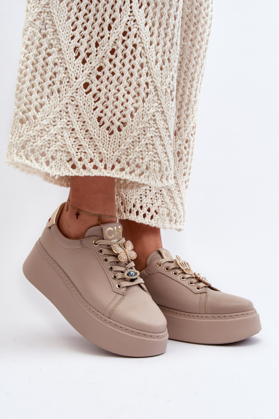 Women's Leather Sneakers With Decorations CheBello 4292 Beige