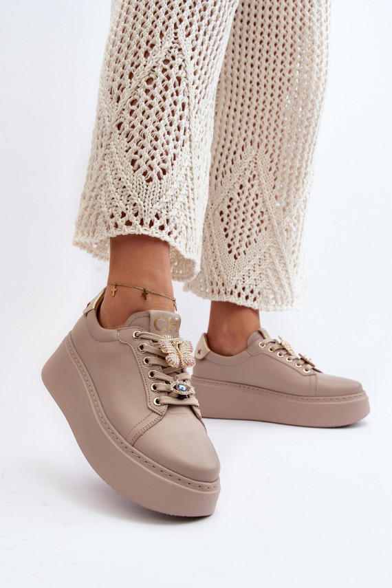 Women's Leather Sneakers With Decorations CheBello 4292 Beige