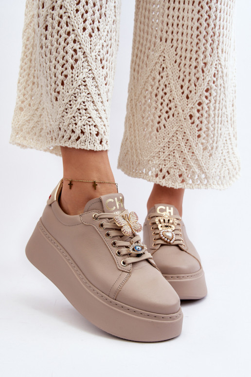 Women's Leather Sneakers With Decorations CheBello 4292 Beige Women's Leather Sneakers With Decorations CheBello 4292 Beige