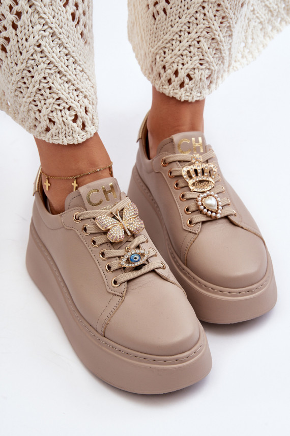 Women's Leather Sneakers With Decorations CheBello 4292 Beige