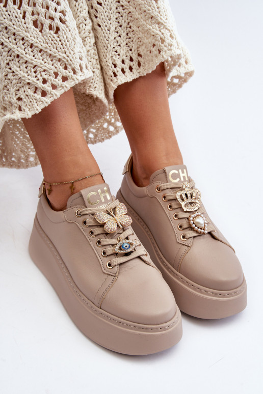 Women's Leather Sneakers With Decorations CheBello 4292 Beige Women's Leather Sneakers With Decorations CheBello 4292 Beige