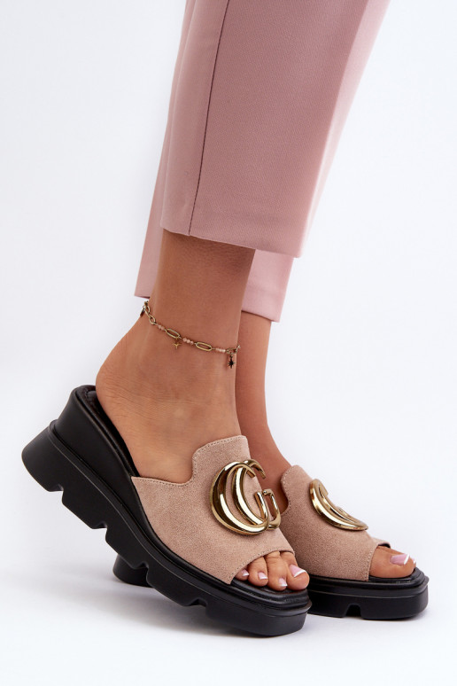 Women's sandals with faux suede on wedge and platform with golden decoration beige Iaria Women's sandals with faux suede on wedge and platform with golden decoration beige Iaria