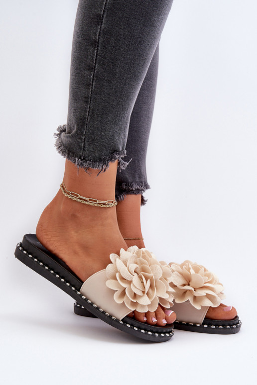 Women's Beige Flower Embellished Slippers Cellanen Women's Beige Flower Embellished Slippers Cellanen