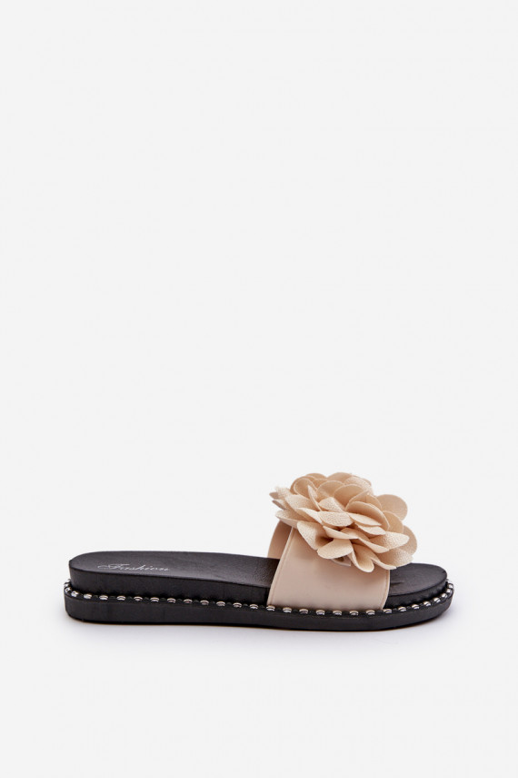 Women's Beige Flower Embellished Slippers Cellanen