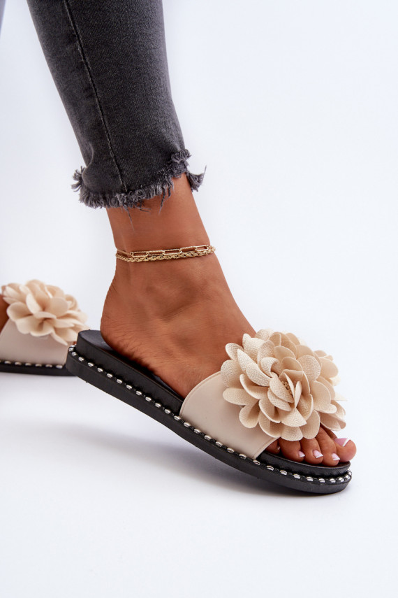 Women's Beige Flower Embellished Slippers Cellanen