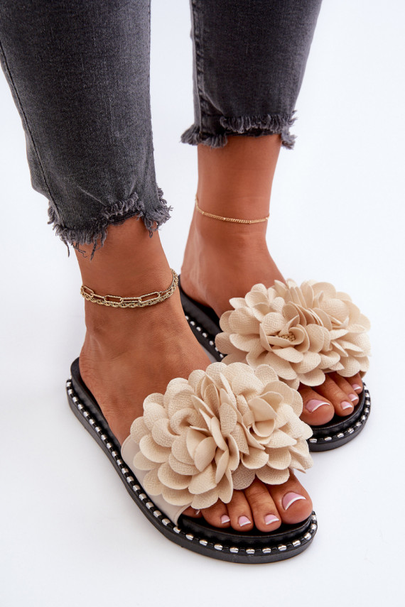 Women's Beige Flower Embellished Slippers Cellanen