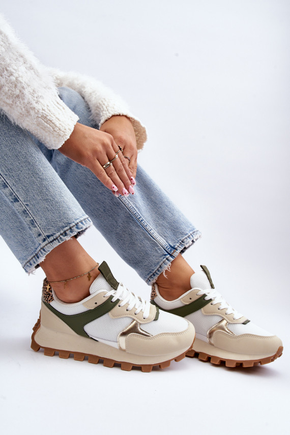 Women's Beige-Green Sports Sneakers Ralita