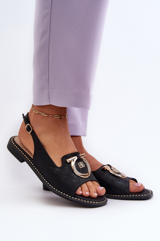 Elegant Women's Sandals with Gold Decoration on Flat Heel Black S.Barski KV27-053 Elegant Women's Sandals with Gold Decoration on Flat Heel Black S.Barski KV27-053