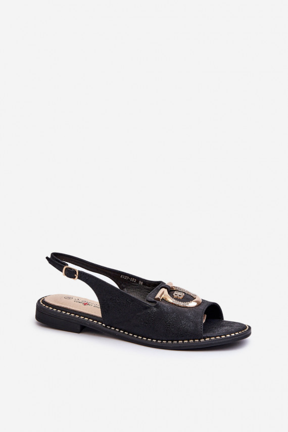 Elegant Women's Sandals with Gold Decoration on Flat Heel Black S.Barski KV27-053