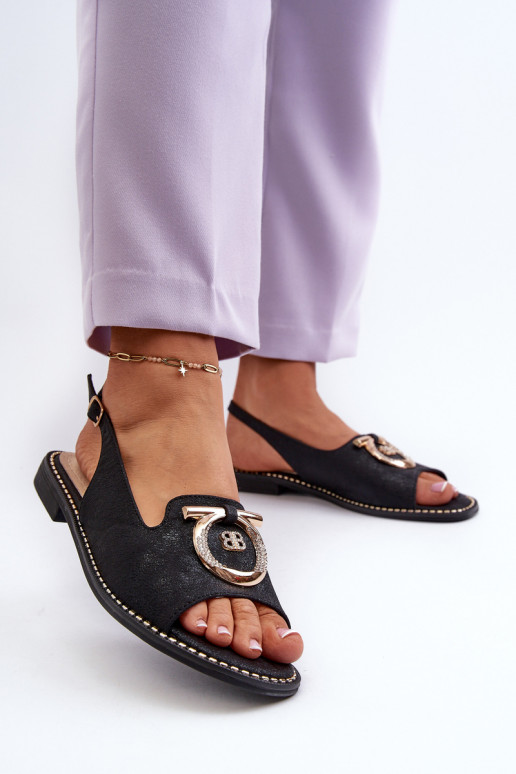 Elegant Women's Sandals with Gold Decoration on Flat Heel Black S.Barski KV27-053 Elegant Women's Sandals with Gold Decoration on Flat Heel Black S.Barski KV27-053