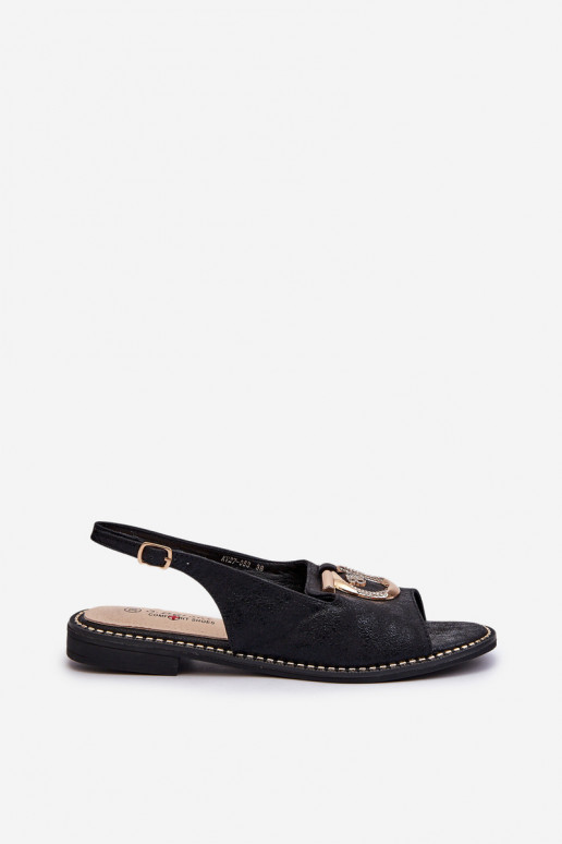 Elegant Women's Sandals with Gold Decoration on Flat Heel Black S.Barski KV27-053 Elegant Women's Sandals with Gold Decoration on Flat Heel Black S.Barski KV27-053