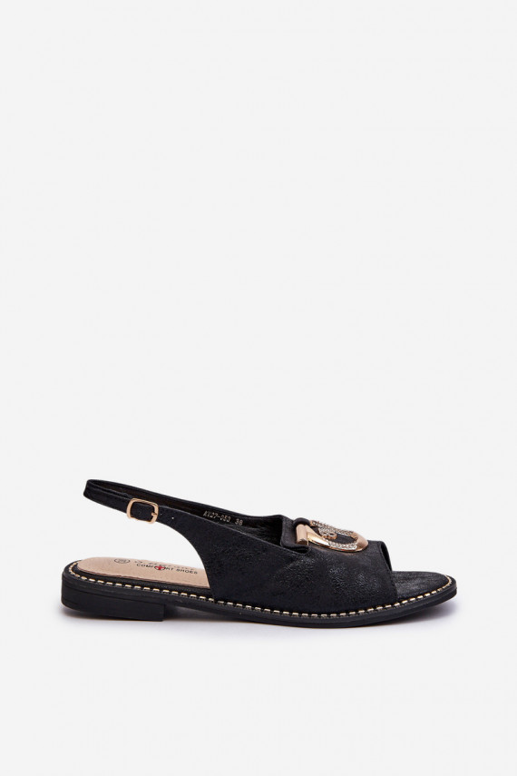 Elegant Women's Sandals with Gold Decoration on Flat Heel Black S.Barski KV27-053