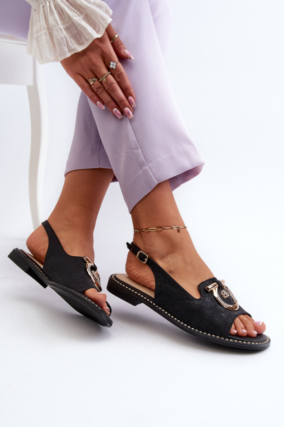 Elegant Women's Sandals with Gold Decoration on Flat Heel Black S.Barski KV27-053