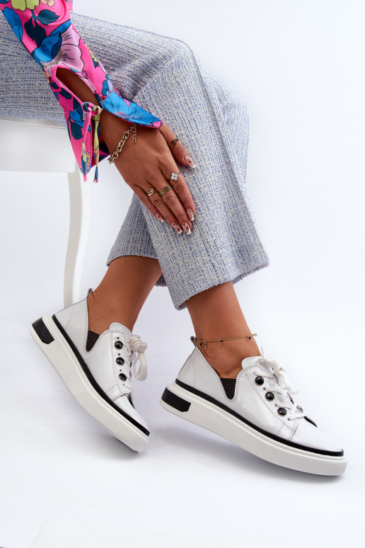 White Leather Women's Lacquered Sneakers D&A LR535