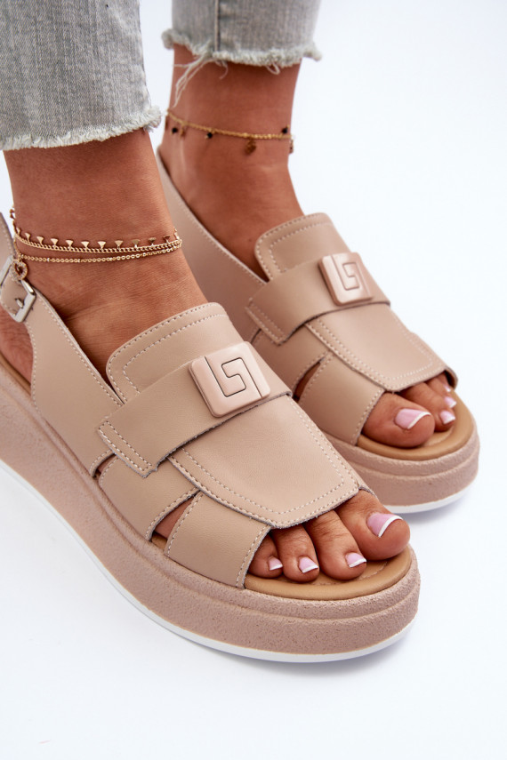 Leather Women's Platform and Wedge Sandals Dark Beige Vivitellia